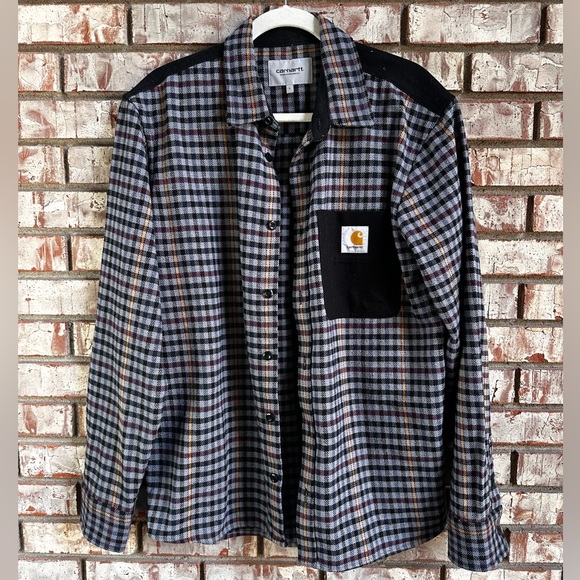 Carhartt WIP Asher Gray and Black Checkered Plaid Wool Flannel Shirt - Picture 1 of 5